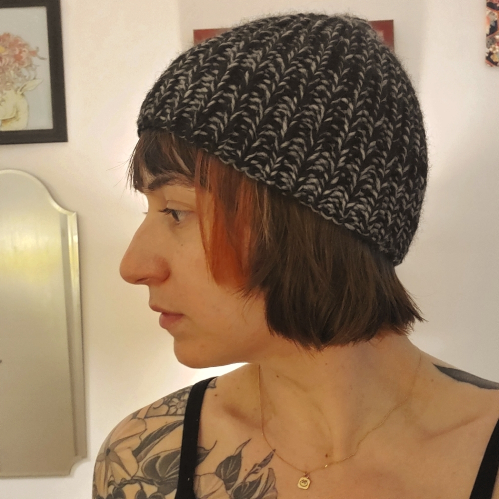 Handknit Grey and Black Beanie